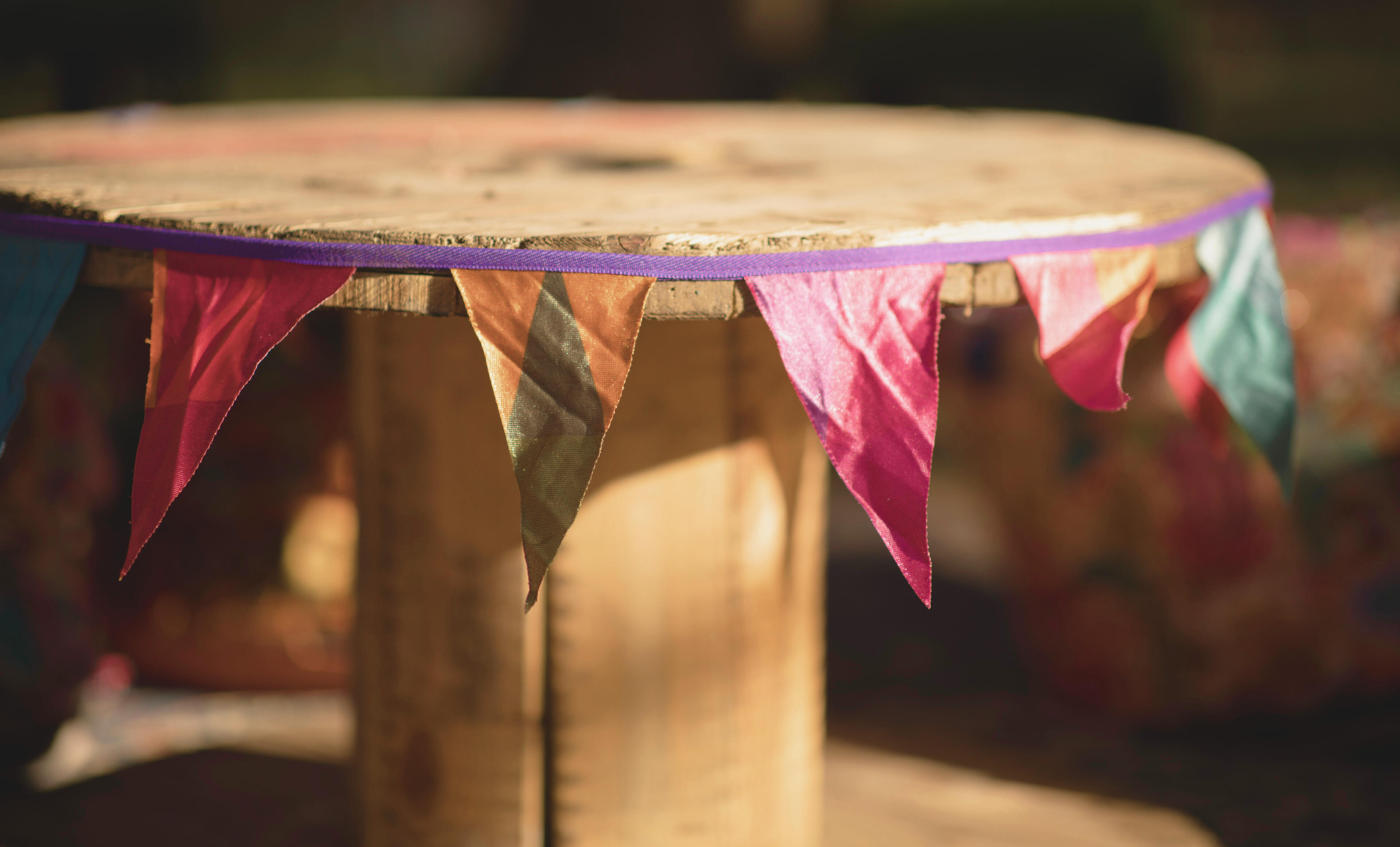Wild Fringe Bunting decorating a long table lunch in a poly-tunnel